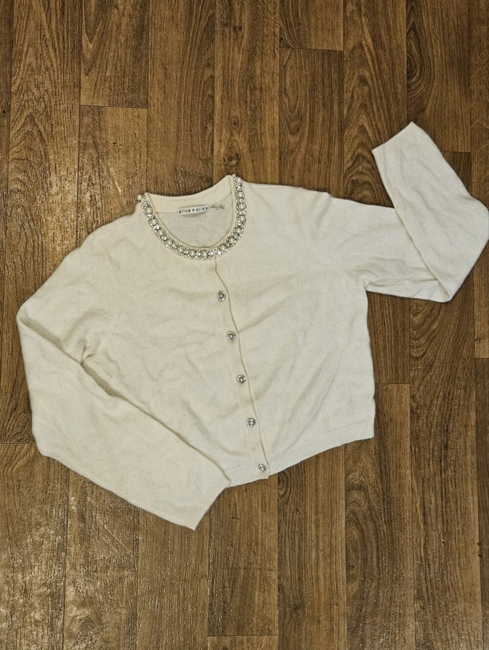 Alice + Olivia Cream Jeweled Collar Cardigan